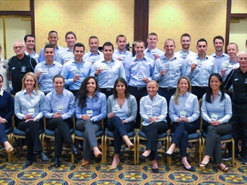 2018 USA Referees & ARs FIFA Panel appointees (and Mentors – Sandy Hunt). Jeff Hosking as AR and Katja Koroleva as Referee (missing from picture as she was working an International game)